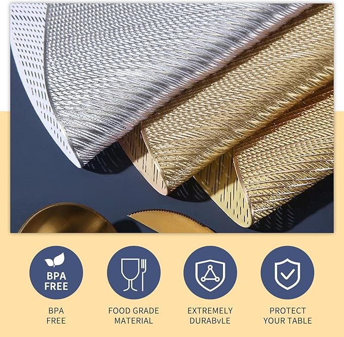FAVE Golden Round Placemats Vinyl Slip Resistant Table Mats Set of 6 Washable Vinyl Hollowout Textures Placemats for Dining Table Durable PVC Table Mats（15 x15,Gold）