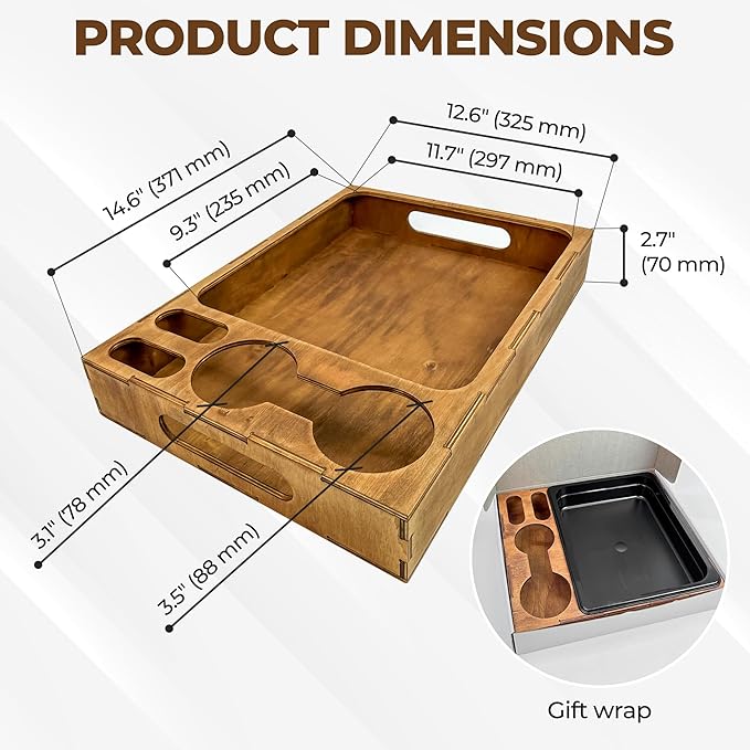 Wooden Serving Tray with Cup Holder - Coffee Table Rustic Cookie Caddy – Drink Tray - Couch Organizer - Ottoman Stand Caddy for Food - Snack Holder for Movie and Game Nights
