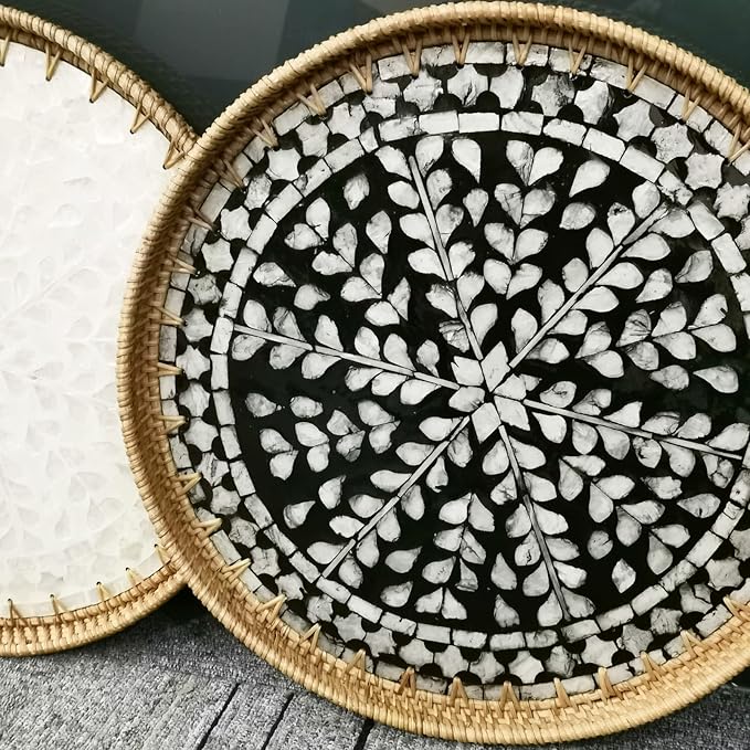 i-lan 16 Inch Rattan Round Serving Tray with Beige MOP Wooden Base, Large Wicker Ottoman Serving Platter with 1”Side, Woven Basket Plates for Home Décor, Coffee Table, Display
