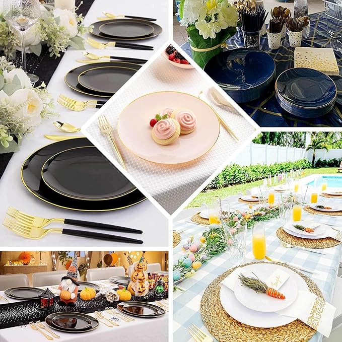 Efavormart 10 Pack | 10" Glossy Black Round Plastic Dinner Plates With Gold Rim, Disposable Party Plates