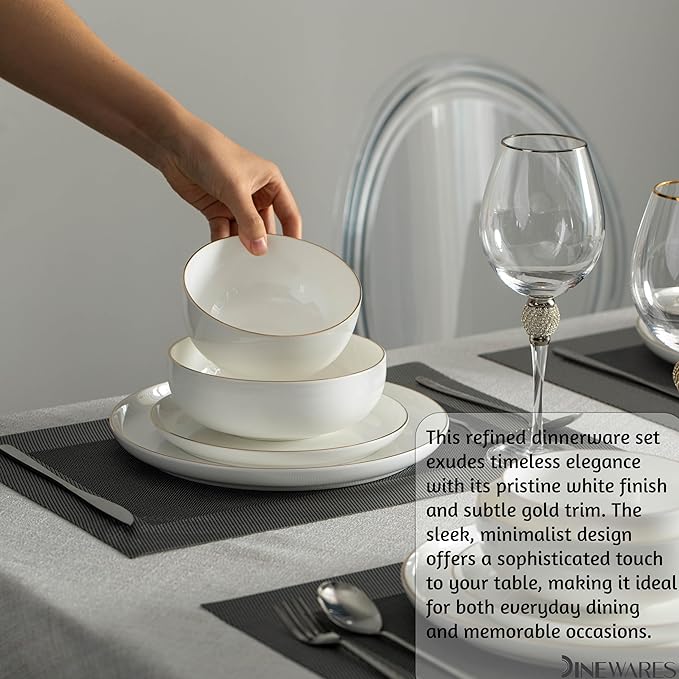 Perlaceo Luxurious Collection of 12-Piece White with Gold Rim Bone China Dinnerware Set - Lightweight and Durable - Service for 4, Including Dinner Plates, Salad Plates, and Cereal or Soup Bowls