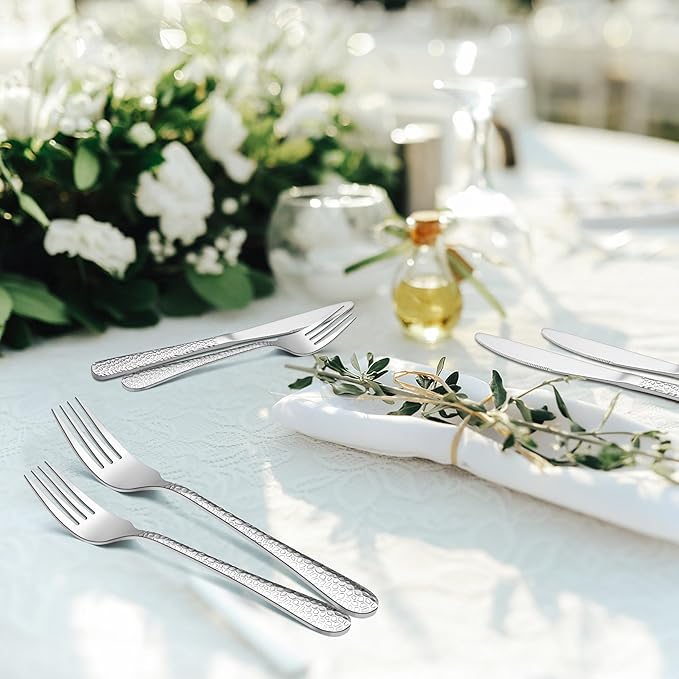 HaWare Hammered Silverware Set, 40-Piece Stainless Steel Flatware Set Serving for 8, Food-Grade Tableware Cutlery Set, Reusable Eating Utensil Sets for Home Restaurant, Mirror Polish, Dishwasher Safe