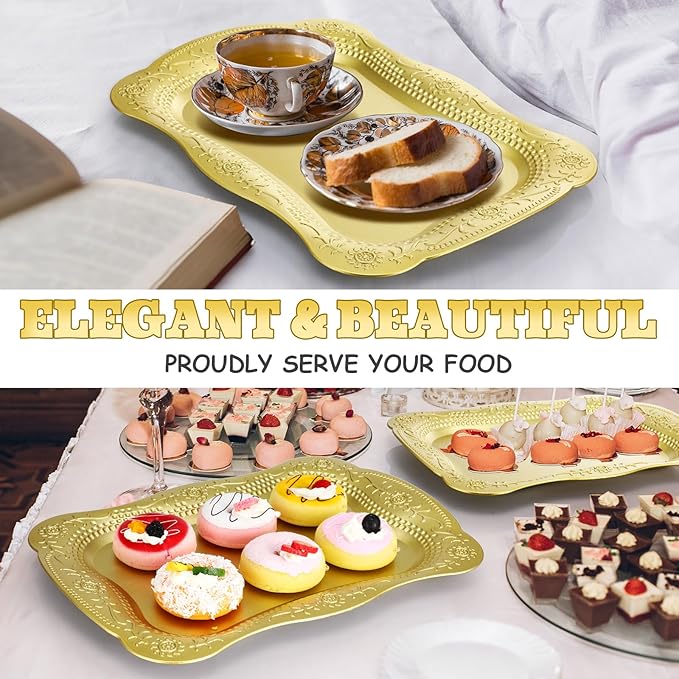 Layhit 10 Pcs Plastic Serving Trays 13" x 9" Rectangle Platters for Dessert Display Tray for Decoration Embossed Serving Platter Dish for Parties, Weddings, Engagements, Birthdays (Gold)
