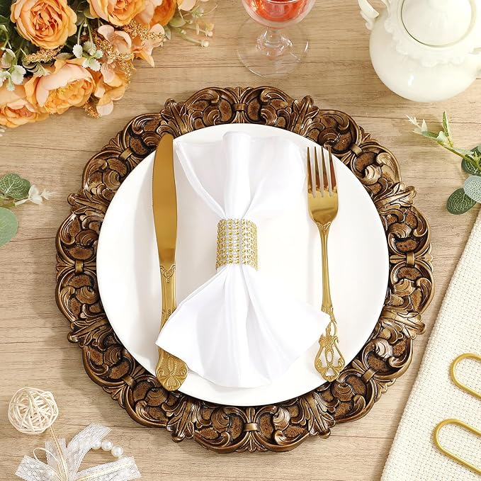6 Pcs Antique Gold Charger Plates Bulk 13 Inch Embossed Rim Plastic Round Decorative Vintage Plates Charger for Dinner Wedding Party Event Table Setting Decoration (Vintage)