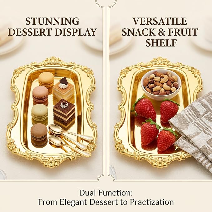 Metal Serving Tray, Gold Vanity Tray with Vintage Edge for Jewelry, Perfume, Snacks and Dessert Display, Serving