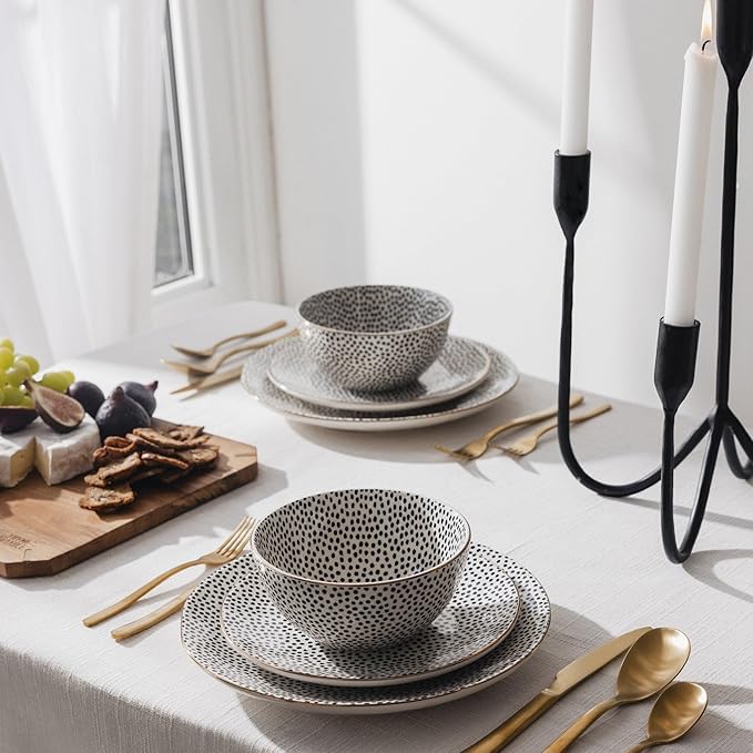 12-Piece Ceramic Dinnerware Set, Black & White, Dishwasher & Microwave Safe Tableware for Home Kitchen Dining Entertaining