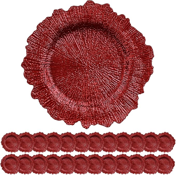 24 Pack Red Charger Plates Bulk, 13" Plastic Reef Chargers for Dinner Plates, Round Charger Plate with Floral Reef Design for Dinner Wedding Party Table Setting Decoration