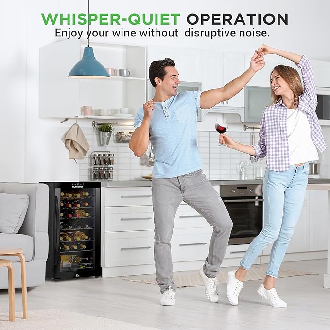 Nutrichef 28 Bottle Wine Fridge | Single Zone Red & White Wine Chiller | Adjustable Temperature 41°F to 64°F | Ultra Quiet Operation | Wine Cooler For Home & Office | Free Standing 33x16x17 IN | Black