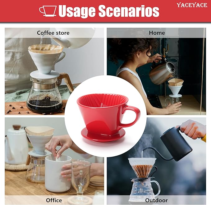 Pour Over Coffee Dripper, Single Red Ceramic Pour Over, Medium Pour Over Coffee with 3 Holes