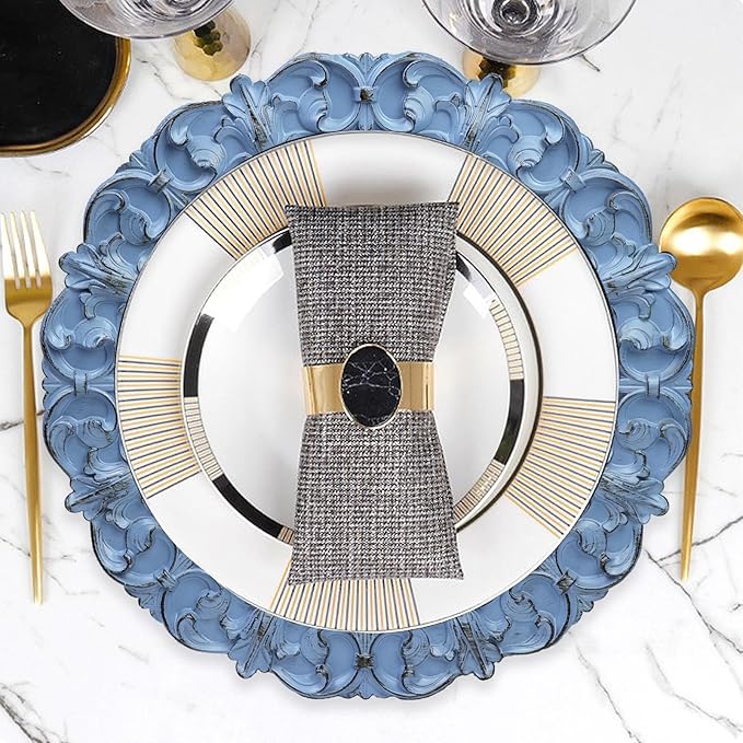 13" Antique Blue Charger Plates, Set of 6 Plastic Textured Chargers for Dinner Plates with Embossed Rim, Table Décor, Party, Wedding, Holiday
