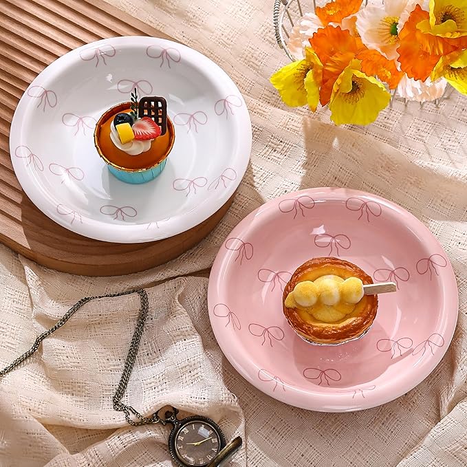 Koythin Ceramic Dessert Plates, Cute Pink Bow Salad Plates for Home Party Restaurant, Round Kitchen Plates, Microwave and Dishwasher Safe (Pink Bow)