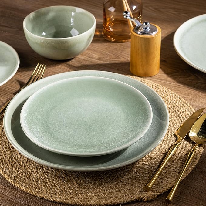 AmorArc Ceramic Dinnerware Sets for 8, 24 Pieces Handpainted Plates and Bowls Set, Scratch Resistant Stoneware Dishes Set, Dishwasher & Microwave Safe, Olive Green
