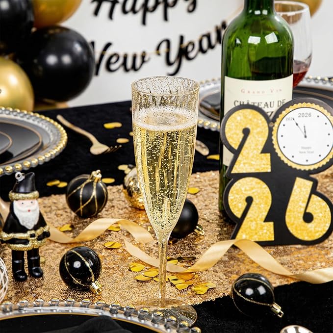WDF 36-Pack Plastic Champagne Flutes - Gold Glitter Champagne Glasses Disposable - Perfect for Thanksgiving, Weddings, Birthday, Bridal Showers