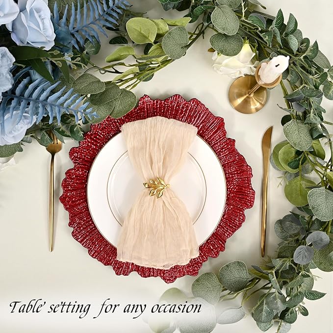 24 Pack Red Charger Plates Bulk, 13" Plastic Reef Chargers for Dinner Plates, Round Charger Plate with Floral Reef Design for Dinner Wedding Party Table Setting Decoration