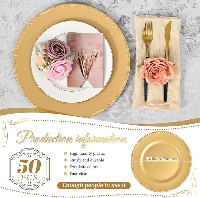 50 Pcs Gold Charger Plates Round Charger Plates13 Inch Bulk Wedding Dinner Elegant Reusable Plastic Chargers Plates Wedding Holiday Party Baby Shower Event Decoration (Gold)