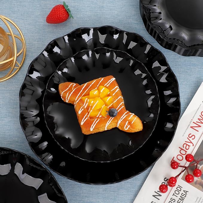 LIYH 24 Pcs Black Reusable Plastic Plates – Unbreakable Camper Dishes, Dishwasher Safe Dinner Plate Dessert Plates, Scalloped Design - Ideal for Parties, Picnics 12Guests