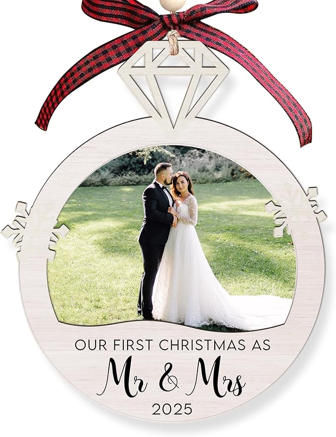 Personalized First Christmas Mr and Mrs Ornament Gifts - Wedding Gifts 2025 - Bridal Shower Bride Gift Ideas for Her, Married Couple, Newlywed - Picture Frame Wood Hanging Ornament 2025