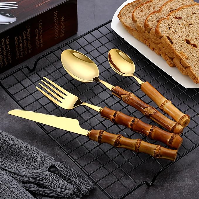 gold bamboo silverware set, 60-piece cutlery sets for 12, bamboo handle flatware set reusable, stainless steel travel set,silverware set for dinning, dishwasher safe