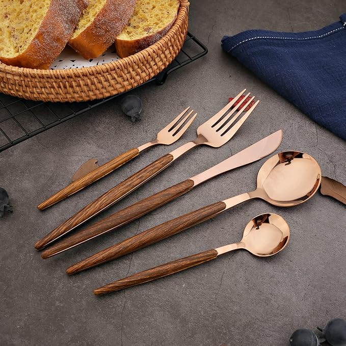 20-piece Wood Silverware Set for 4, Include Knife Fork Spoon, Stainless Steel Flatware Set with Wooden Handle, Mirror, Dishwasher Safe, for Home Kitchen Travel - Round Handle Rose Gold