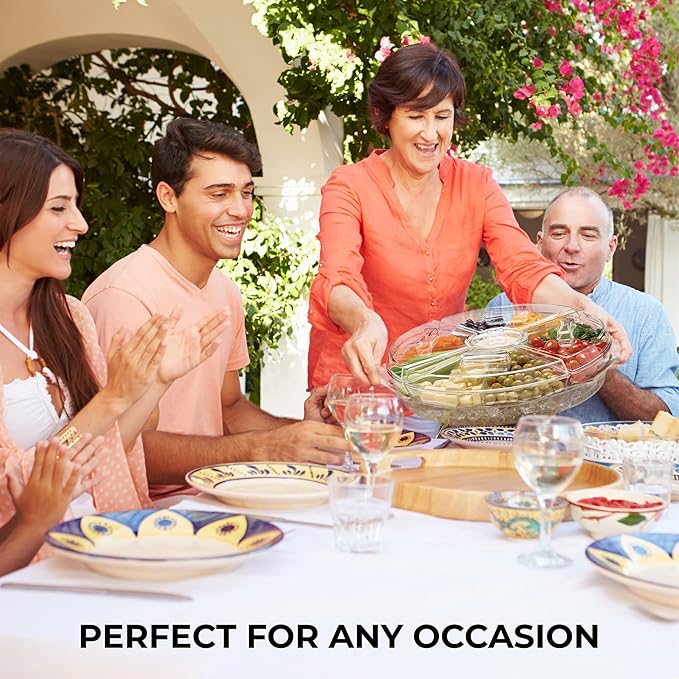 Chef's Star 16" Food Tray with Ice Compartment & Lid - 8 Section with Dip Holder Clear Acrylic Chilled Bowl for Lunch, Picnics & Parties