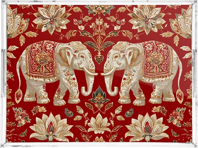 Serving Tray with Handles Clear Acrylic Tray 12x16 Inch Decorative Rectangular Tray Organizer for Ottoman Coffee Table Bathroom Red Retro Elephant Flowers