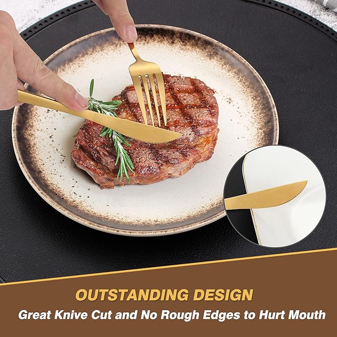 20 Pieces Silverware Set，Matte Gold Stainless Steel Flatware Cutlery Set Service for 4, Stain Finish Kitchen Utensil Set，Include Dinner Knives Forks and Spoons Silverware, Dishwasher Safe