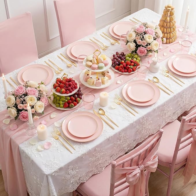 MirthMood 350PCS Pink Plastic Plates with Gold Rim – Plastic Plates Set Includes 50 Dinner,50 Dessert Plate,50 Cup&50 Napkins 150 Gold Silverware for Wedding&Birthday Parties&Valentine's Day