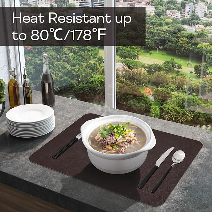 Faux Leather Placemats Set of 6, Vinyl Placemats Wipeable Waterproof Oil-Proof Table Mats, Heat Resistant Place Mats for Kitchen Indoor Outdoor, 16.9 x 11.8 Inch (Choco Brown/Black)