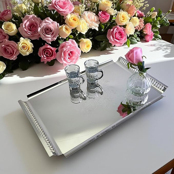 (Pack of 2 18.9 inch x 11.9 inch Rectangular Chrome Plated Silver Serving Tray with Handles Stylish Floral Engraved Party Wedding Dessert Buffet Decor Platter Plate NC-113