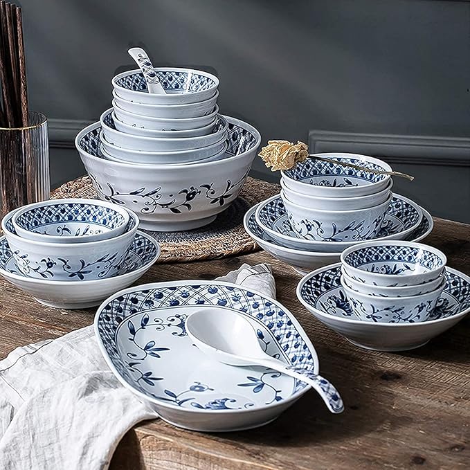 Ceramics Dinner Sets, Blue and White Porcelain Porcelain Dinnerware Set of 45 | Simplicity Cereal Bowl and Steak Plate Set