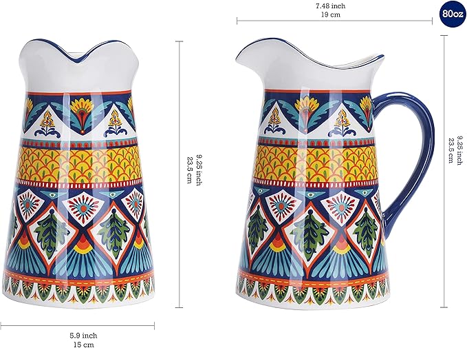 Bico Havana Ceramic 2.5 Quarts Pitcher with Handle, Decorative Vase for Flower Arrangements, Dishwasher Safe
