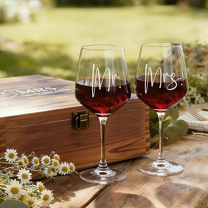 AW BRIDAL Mr and Mrs Wine Glasses Wedding Gifts for Couples 2025, Engagement Gift for Newlyweds, Bridal Shower and Bachelorette Gifts for Bride, Wine Opener Stopper and Engraved Wooden Keepsake Box