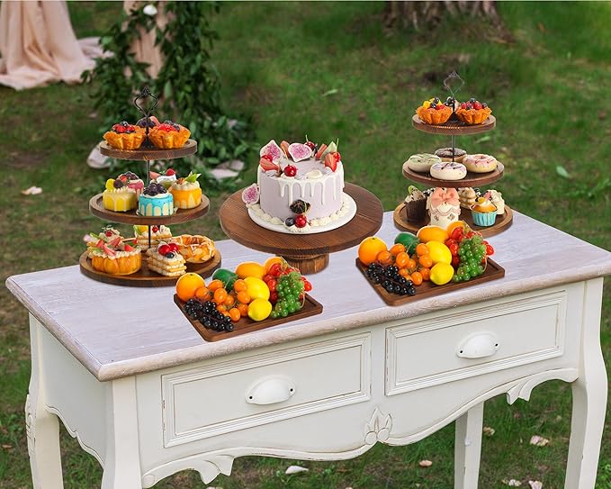 7 Pcs Wood Dessert Table Display Set Wooden 3 Tie Cupcake Stands Rustic Round Cake Stand Wood Dessert Serving Trays for Christmas Party Baby Shower Wedding Birthday(Brown)