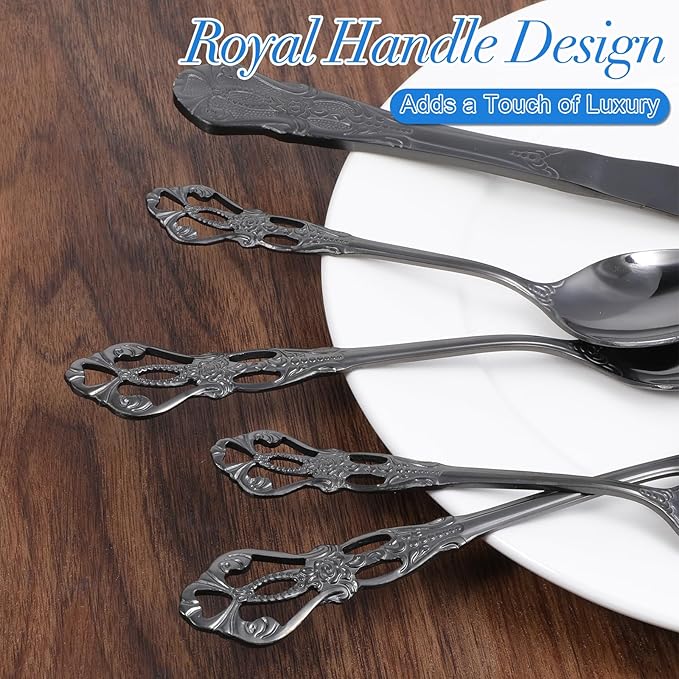 30 Pcs Black Silverware Set, Gorgeous Retro Royal Flatware Set for 6, Stainless Steel Mirror Polished Flatware Cutlery Set Includes Fork,s Spoons and Knives, Dishwasher Safe Utensils