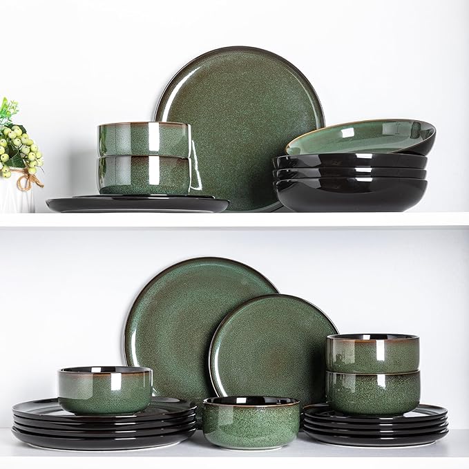 LERATIO Ceramic Dinnerware Set for 4, Poreclain Plates, Bowls, Handmade Reactive Glaze Dishes, Chip Resistant, Oven & Dishwasher Safe, Service for 4