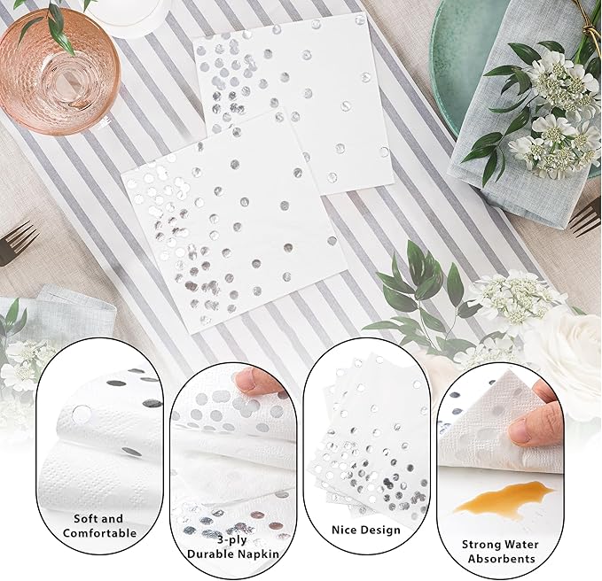 80 Pack of White Paper Cocktail Napkins with Gold Foil Polka Dot Confetti，Polka Dot Party Supplies(5 x 5 in，3-ply) (Silver)