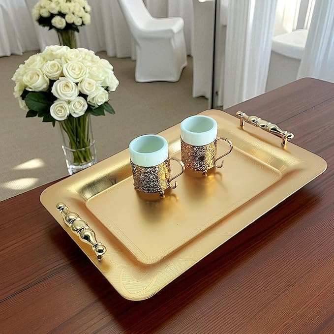 (Pack of 2) 15.7 inch x 11 inch Oblong Chrome Iron Gold Plated Serving Tray with Handles Stylish Design Different Leaf Floral Engraved Edge Wedding Dessert Buffet Platter Plate NC-008
