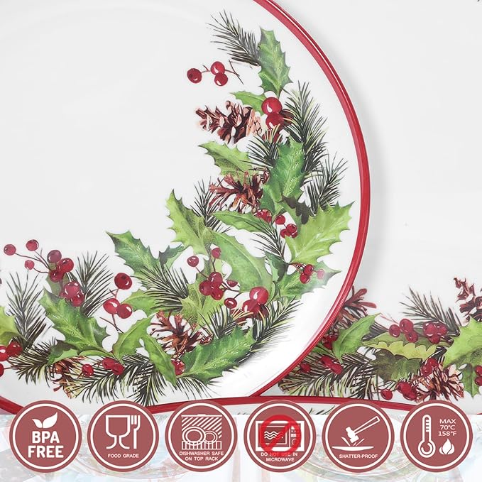 12-Piece Christmas Melamine Dinnerware Sets,Holiday Dishes Set For 4, Lightweight & Stackable for Home&Party plates,Plate and Bowl Sets Ideal for for Indoor Outdoor Use -Christmas Garland