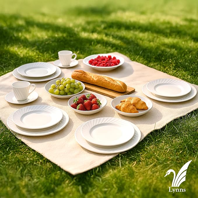 Lynns Paradise Imperial White 40pc Dinnerware Set Embossed Swirl Porcelain, Elegant Versatility, Glossy Classic Finish Service for 8 with Dinner Plates, Bowls, Cups, and Saucers
