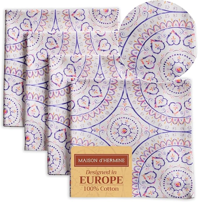 Maison d' Hermine Cloth Napkins Set of 4 100% Cotton Everyday Reusable Square Napkins Cloth Washable, Dinner, Party, Wedding, Restaurant, Spring/Summer (Mandala, 20" x 20")