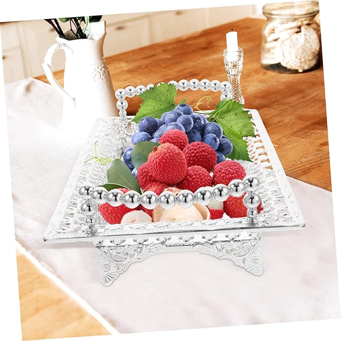 Unomor Nordic Style Metal Fruit Serving Tray with Handle 270# Silver Decorative Snack Plate for Parties and Entertaining Appetizer Storage Holder