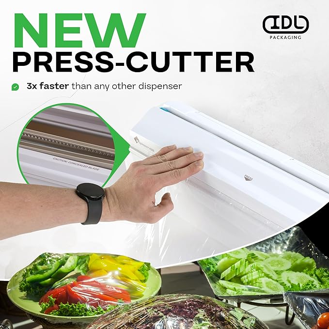 IDL Packaging WP-179D 12" WrapMaster Dispenser for Food Film Rolls, White – Professional Dispenser with Cutter for Home or Commercial Kitchen – Hidden Blade, Smooth and Safe Cutting