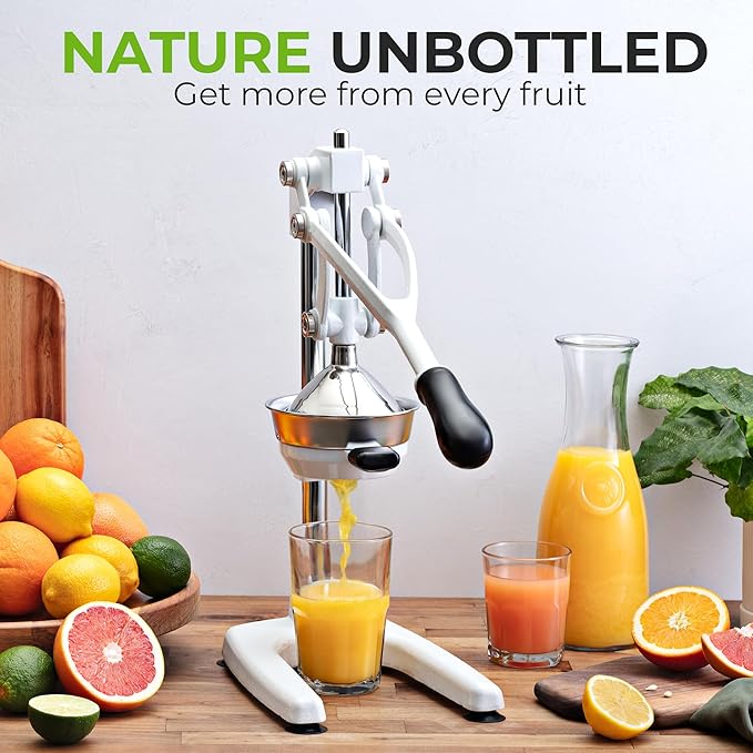 Zulay Kitchen 9 in 1 Cast Iron Juicer - Easy-to-Clean Heavy-Duty Manual Juicer with Presser Attachment to Juice All Types of Fruits! Extra Tall with Stainless Steel Bowl - White