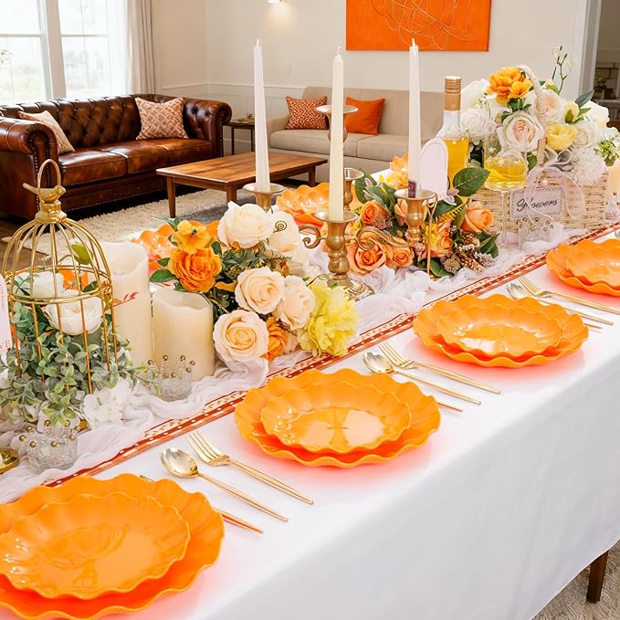 LIYH 50 Pcs Heavy Duty Plates Orange Scalloped Plastic Plates Reusable Unbreakable Plastic Plate for Party, Dishwasher Safe BPA Free (25Guests)
