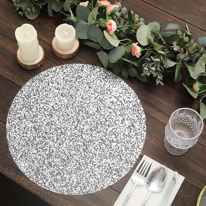 50 Pack 13" Metallic Silver Sequin Placemats - Round Sparkly Dust-Free Table Mats for Dining - Disposable Mesh Mats for Parties and Events