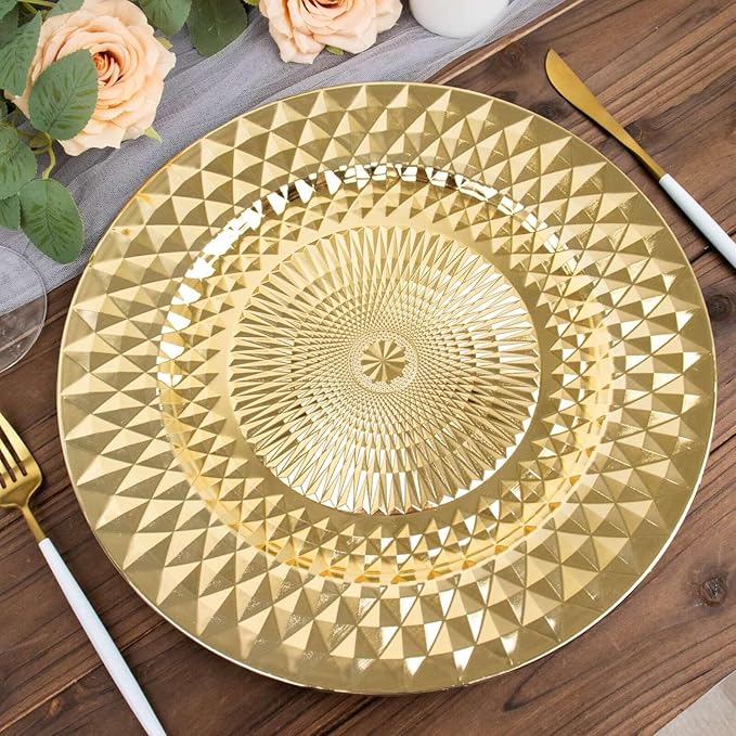 Efavormart 6 Pack | 13" Sparkling Gold Diamond Disposable Dinner Serving Plates, Shiny Round Plastic Charger Plates