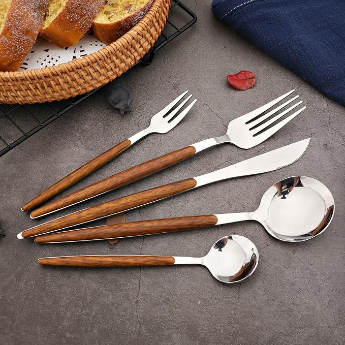 20-piece Wood Silverware Set for 4, Include Knife Fork Spoon, Stainless Steel Flatware Set with Wooden Handle, Mirror, Dishwasher Safe, for Home Kitchen Travel - Round Handle Silver