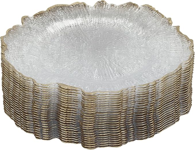 25Pcs Antique Clear Charger Plates, 13" Round Chargers for Dinner Plates, Reusable Plastic Charger Plates Bulk with Flower-Like Decorative Gold Rim for Wedding, Dinner, Party, Bridal Shower