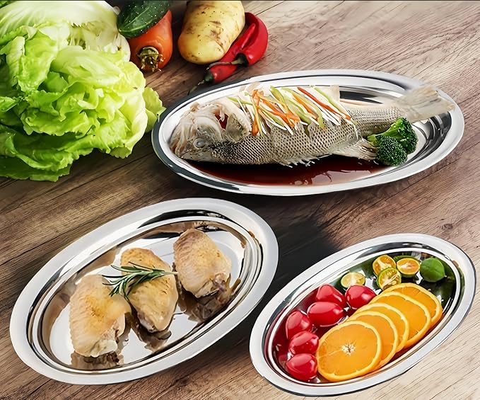 18/8 Stainless Steel Oval Platter,3 Pack Large Oval Steaming Fish Plates,Reusable Polish Metal Serving Trays for Kitchen BBQ, Snack,Salad,Appetizer,Fruit,Dishwasher &Oven Safe,Sliver