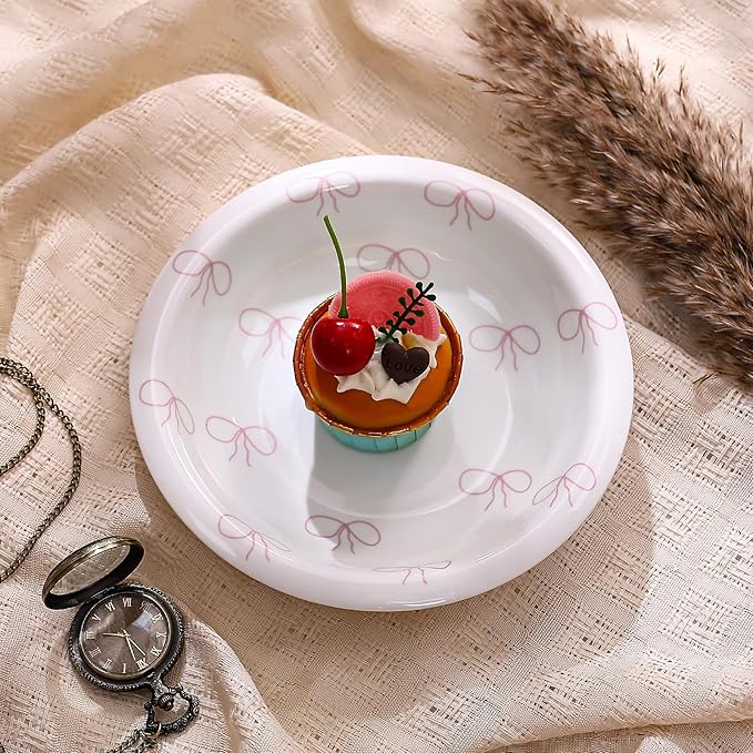 Koythin Ceramic Dessert Plates, Cute Pink Bow Salad Plates for Home Party Restaurant, Round Kitchen Plates, Microwave and Dishwasher Safe (Pink Bow)